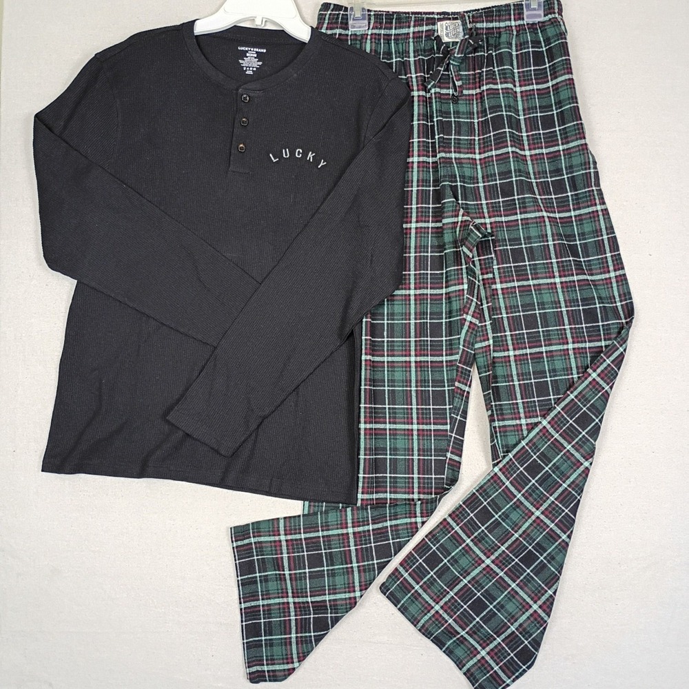 Lucky Brand Mens Pajama Set Medium Black Waffle Henley Black Green Plaid Pants